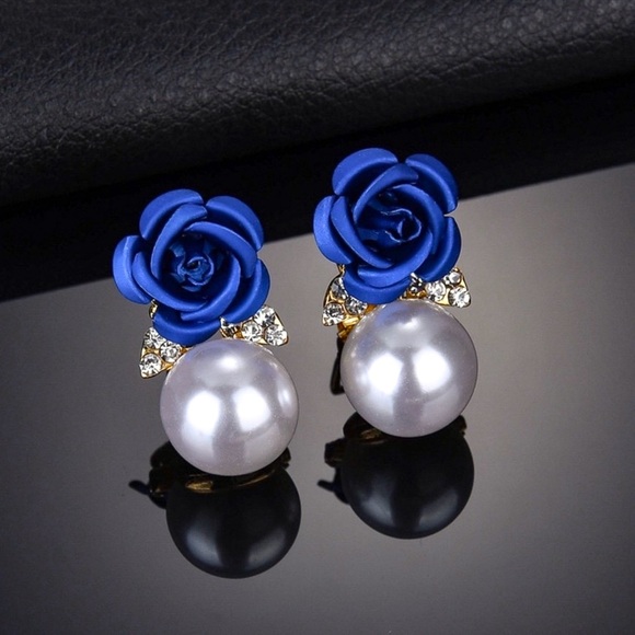 Gold w/Blue Rose & Faux Pearl Lever Back Earrings - Picture 1 of 8